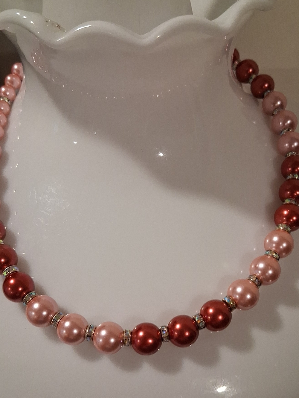 Two-Tone Pink and Burgundy Pearl Necklace with Rhinestone Spacers